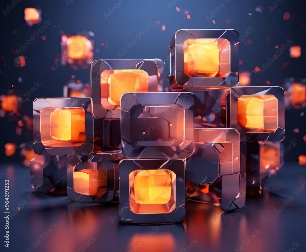 Poster a digital illustration of a group of cubes, each with a unique color and shape, arranged in a visual
