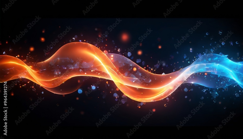 Poster dynamic wave-like pattern composed of orange and blue hues, with small white and black particles sca
