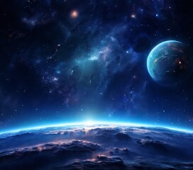 The Earth and a distant planet are visible against a backdrop of a starry night sky, with a glowing horizon line and a glowing blue planet.