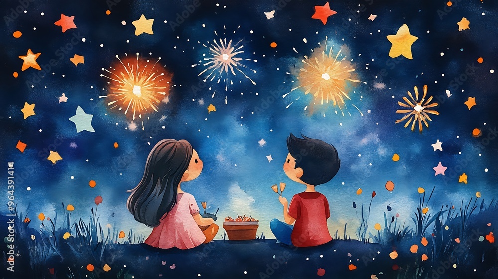 Sticker Watercolor illustration of two children watching fireworks under a starry sky.