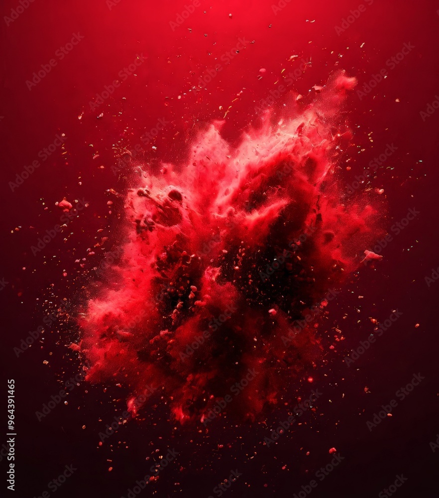Poster a large explosion with a red-orange hue, surrounded by smaller particles and scattered across a dark