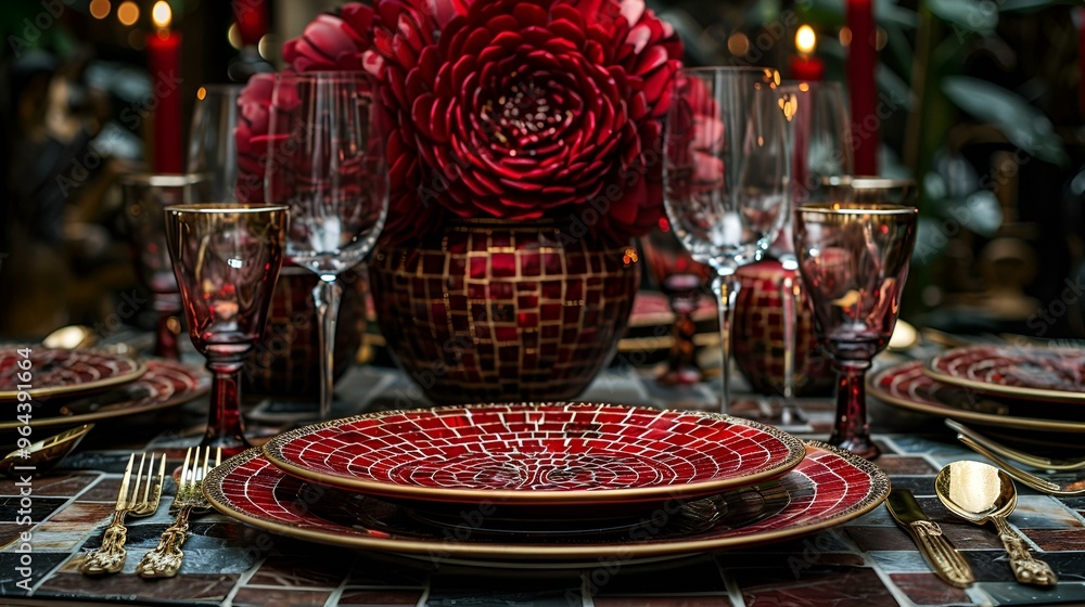 Poster a table set with plates and glasses.