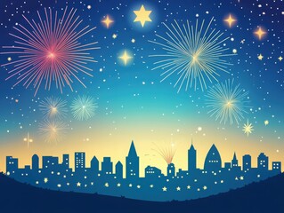 Fototapeta premium A vibrant night skyline with colorful fireworks bursting in the sky, creating a festive and celebratory atmosphere against a star-filled backdrop.