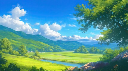Naklejka premium Beautiful Anime Landscape with Lush Green Fields and Mountains