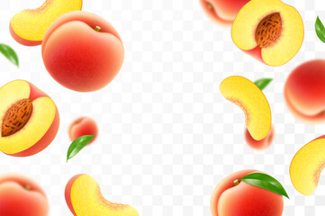 Flying ripe peach. Bright advertising background falling juicy sweet peach, realistic illustration with blurred effect. 3d vector design for advertising banners and web page design
