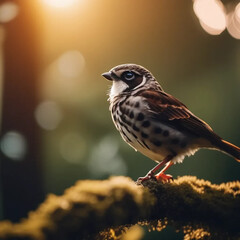 Majestic Bird Perched on Mossy Branch with Background Blur in Golden Light