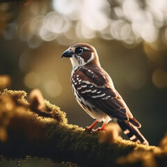 Majestic Bird Perched on Mossy Branch with Background Blur in Golden Light