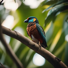 Majestic Bird Perched on Mossy Branch with Background Blur in Golden Light