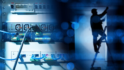 Electrical equipment. Silhouette of electrician at work. Electrification of premises. Electrical...