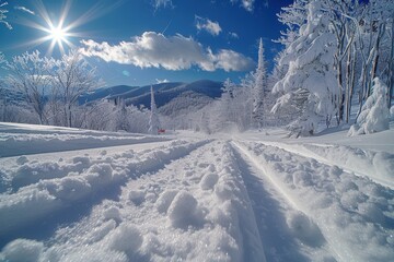 A captivating, crystal clear winter day in a snow-covered mountain landscape, with pristine ski tracks leading through frosted, sunlit trees under a vibrant blue sky
