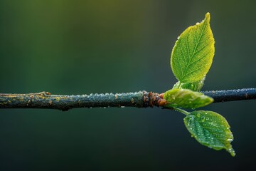 A close-up photograph of fresh green leaves on a branch covered with dew drops against a dark blurred background, showcasing the beauty of nature and new growth in detail