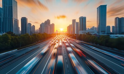 Fototapeta premium Light flow of traffic on a evening highway in a city with modern high buildings 