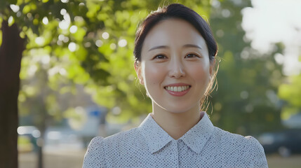 A Korean woman in her 30s, dressed as a teacher, smiling at the camera