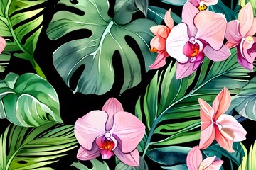 Watercolor painting of pink and orange orchids contrasted with dark green tropical leaves on a black background.
