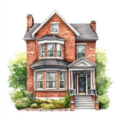 Obraz premium Watercolor Illustration: Duplex Georgian House on White Background 1