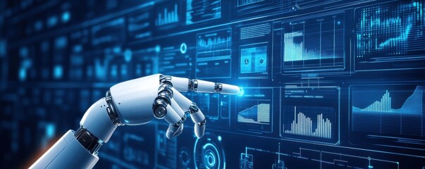 Futuristic AI robot hand interacting with digital screens, showcasing advanced technology and data analysis in a modern scientific environment.