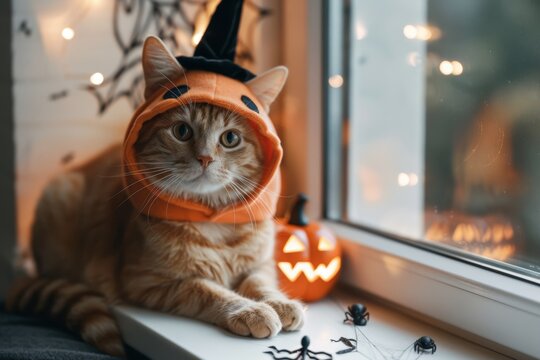 Adorable cat in pumpkin costume by window with halloween decor
