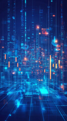 A blue abstract background featuring a grid-like pattern with glowing financial symbols