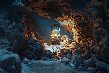 A skull lantern illuminating a dark cave entrance, surrounded by rocks and eerie shadows, perfect for text overlay.