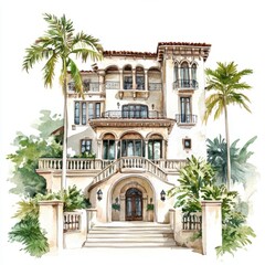 Naklejka premium Art Deco Mansion Watercolor Painting, Isolated on White Background 1