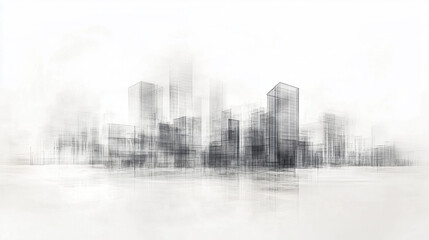 a drawing x ray of modern city landscape, buildings, minimalism, white pure background