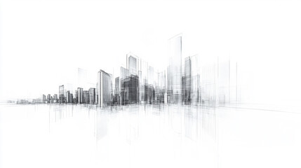 a drawing x ray of modern city landscape, buildings, minimalism, white pure background