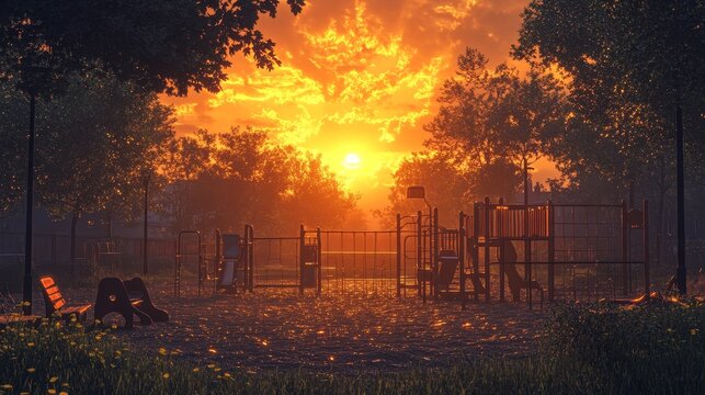 An empty playground at dusk, [loss of innocence], [childhood memories tinged with sadness], 3D illustration
