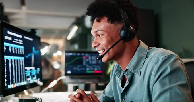 Man, finance call centre and talking in office, trader advisor and customer support for crypto. Male person, speaking and computer for online faq chat in workplace, stock market and consultation