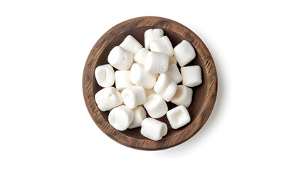 Marshmallow in wooden bowl isolated on white background with clipping path and full depth of field. Top view. Flat lay