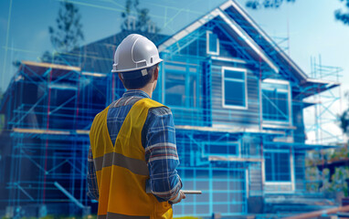engineer at build site 3d blueprint house