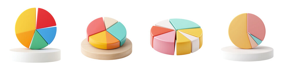 Obraz premium Colorful pie charts representing data visualization, ideal for presentations and educational purposes. isolated on a transparent background