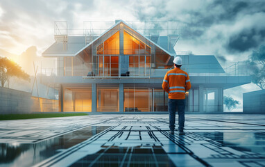 engineer at build site 3d blueprint house