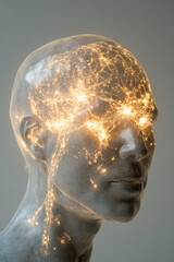 Obraz premium an x-ray of an entire head with visible lit up neurons in the brain on a light background 