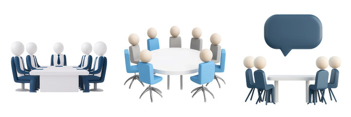 Naklejka premium Virtual meeting scene with diverse characters around tables discussing ideas and sharing information in a collaborative environment. isolated on a transparent background