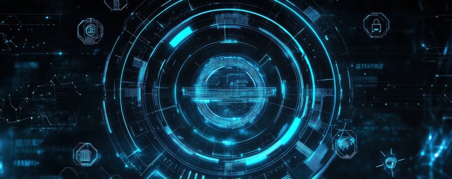 Futuristic mobile phone wallpaper featuring a digital interface with glowing blue neon elements and circular geometric patterns