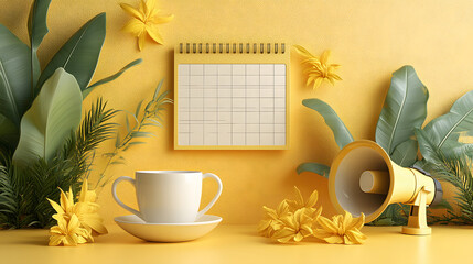 Realistic 3D icons of a white tea cup, a calendar, and a megaphone, arranged in a playful,...