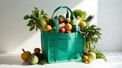 fruits and vegetables grocery product in green reusable shopping bag
