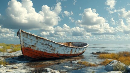 Obraz premium An abandoned fishing boat, slowly sinking into the sea, [neglect], [forgotten dreams], 3D illustration