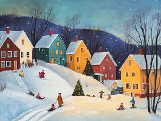 create a colorful, painterly christmas scene of a New England town on a hill at dusk inspired by edward 