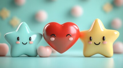 Fototapeta premium Realistic 3D icons of a red heart, a clean calendar, and a pastel green star, floating in a minimalistic cartoon vector style on a bright background.