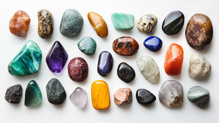 Various gemstone stones, colorful and beautiful rocks, white background, top view