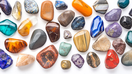Various gemstone stones, colorful and beautiful rocks, white background, top view