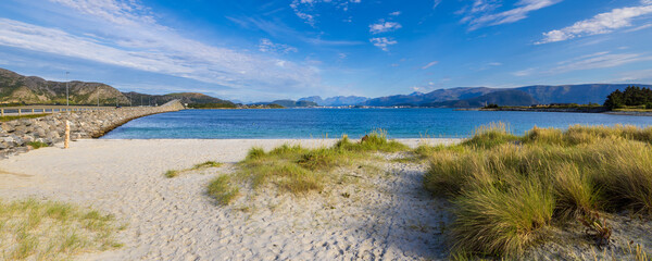 Gjerdesanden beach and Giskebrua bridge on the island of Giske near Alesund, Norway