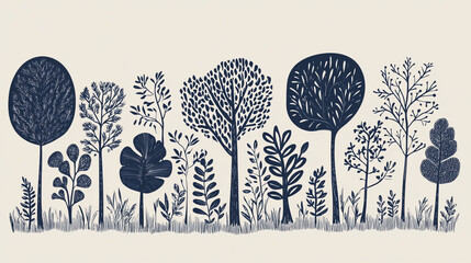 Naklejka premium hand drawn vector illustration of trees and leaves, navy biack ink on light grey background