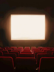 Fototapeta premium A glowing large screen in the center of the picture, with a row of red seats in front of the screen