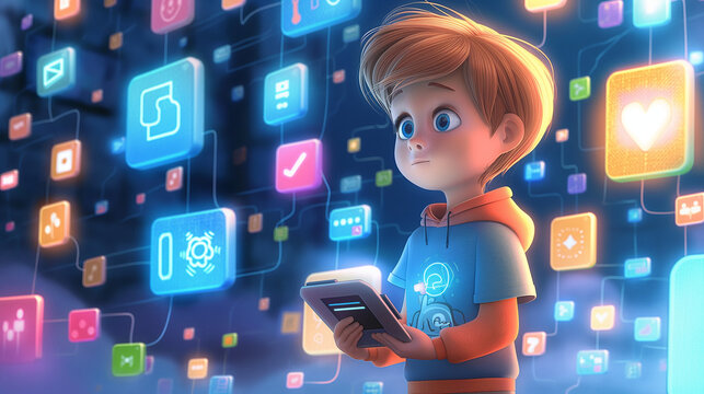 Slavic child holding a tablet, surrounded by glowing icons of AI-powered apps like Socratic, Khan Academy, DALL-E 2, and Grammarly.