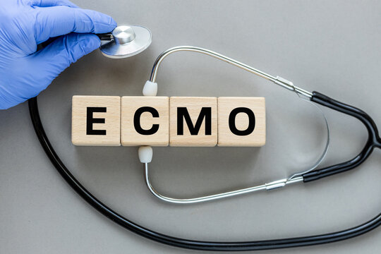 Word ecmo written on wooden cubes. Healthcare concept for hospital, clinic and medical business. Stethoscope in doctor's hand. Beautiful gray background, copy space.