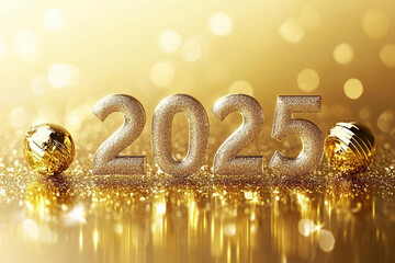 new year, "2025" text, happy new year! clean, bright golden background