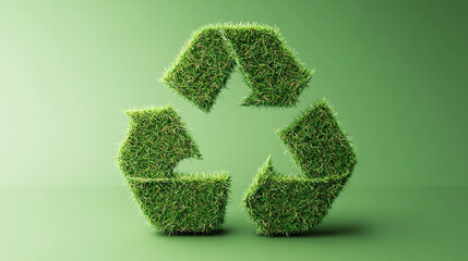 Recycling symbol made from grass, icon, realistic, with a light green shaded background, bright colo
