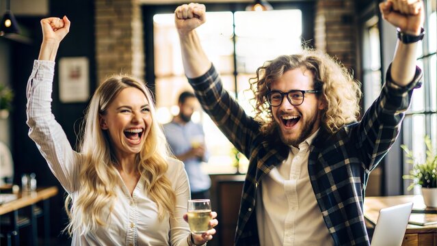 two friends: (blondy with long staright hair and without glasses and a man with short curly hair and glasses to celebrate after studying.